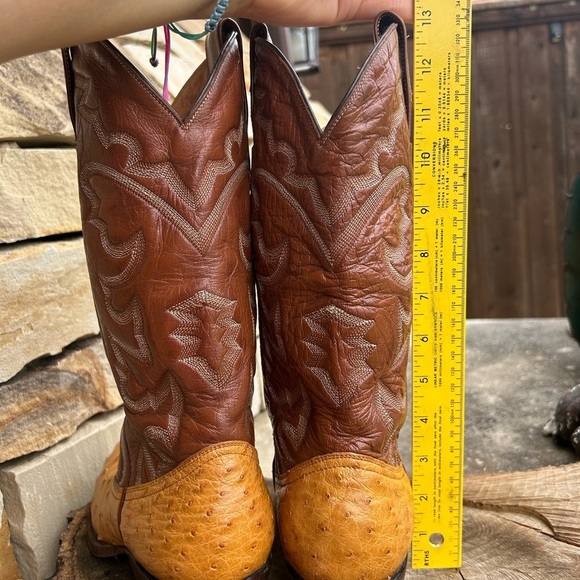 Montana Exotic Ostrich Tan & Brown Heeled Boots with Western Stitching Sz-7.5. P - Picture 8 of 9